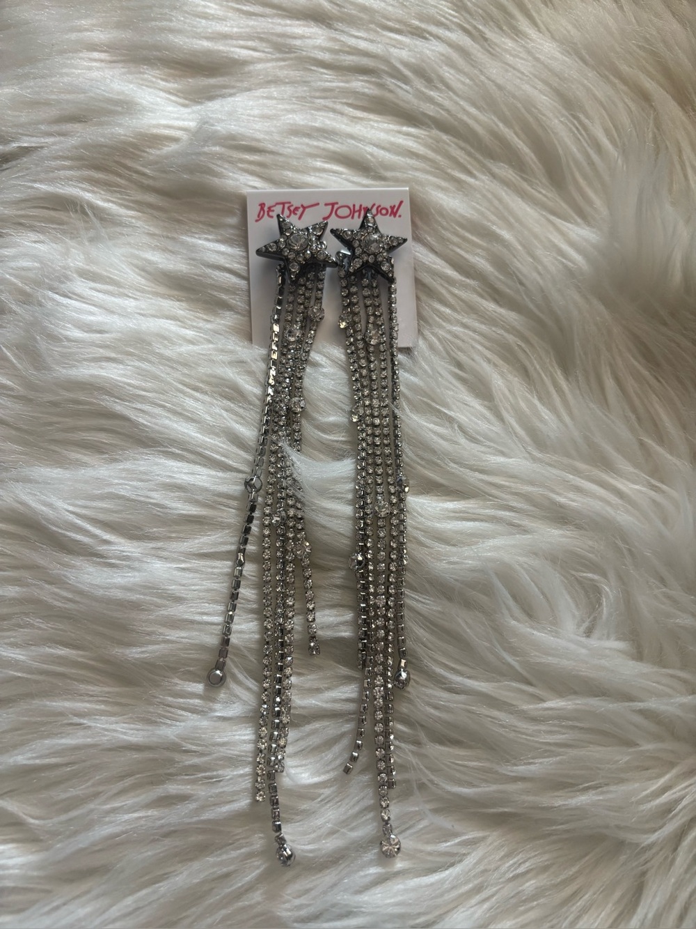 Betsey Johnson Silver Star Tassel Rhinestone Drop Earrings